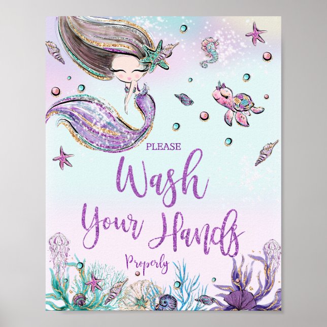 Whimsical Cute Mermaid Wash Your Hands Bathroom Poster (Front)