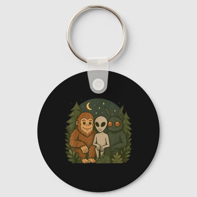 Whimsical Cute Mothman Bigfoot And Alien Funny Cry Key Ring (Front)