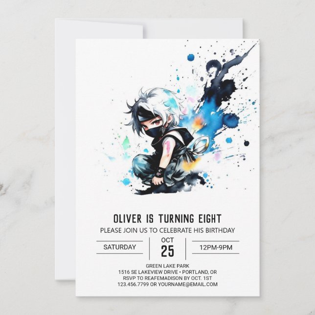 Whimsical Cute Ninja Boy Digital Birthday Invitation (Front)