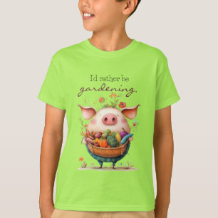 Whimsical Cute Pig "I'd Rather Be Gardening" T-Shirt