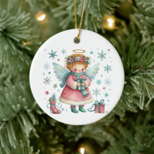 Whimsical Cute Pink and Blue Christmas Angel Ceramic Tree Decoration