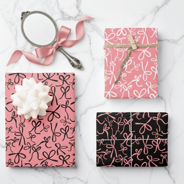 Whimsical Cute Pink Black Bows Pattern Girly Gift Wrapping Paper Sheet (Whimsical Cute Pink Black Bows Pattern Girly Gift Wrapping Paper Sheets
)