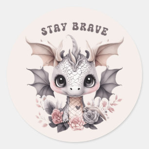 Whimsical Cute Pink "Stay Brave" Little Dragon Classic Round Sticker