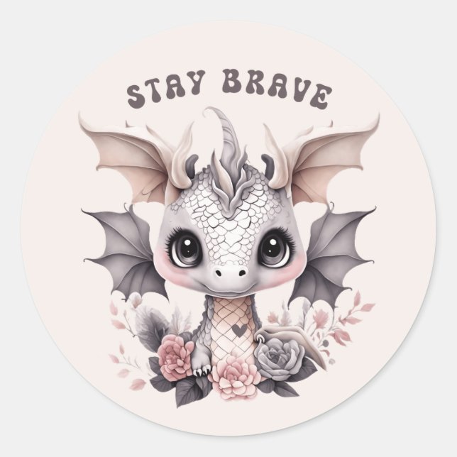 Whimsical Cute Pink "Stay Brave" Little Dragon Classic Round Sticker (Front)