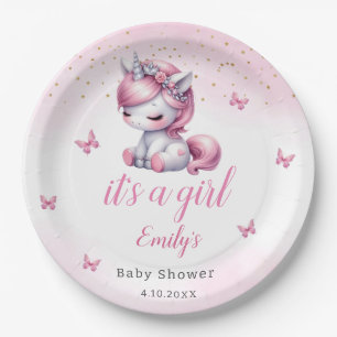 Whimsical Cute pink unicorn girl baby shower  Paper Plate