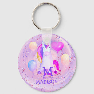 Whimsical Cute Pink Watercolor Unicorn Name Letter Key Ring