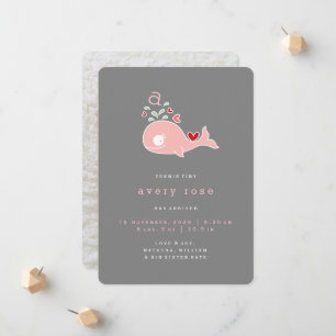 Whimsical Cute Pink Whale Monogram Baby Girl Birth Announcement