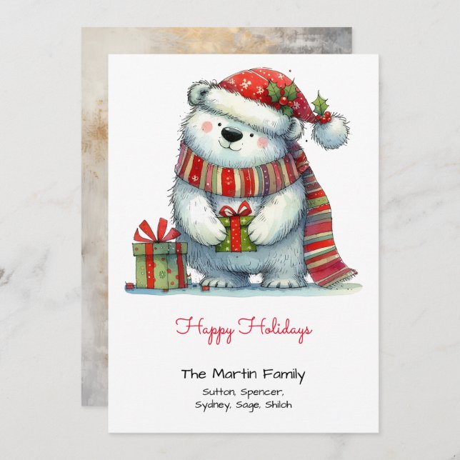 Whimsical Cute Polar Bear in a Santa Hat Happy  Holiday Card (Front/Back)