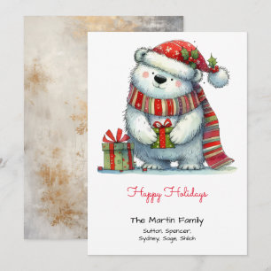 Whimsical Cute Polar Bear in Santa Hat Red Happy Holiday Card