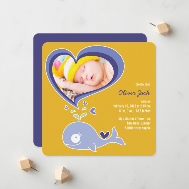 Whimsical Cute Purple Whale Baby Boy Photo Birth Announcement (Front/Back In Situ)