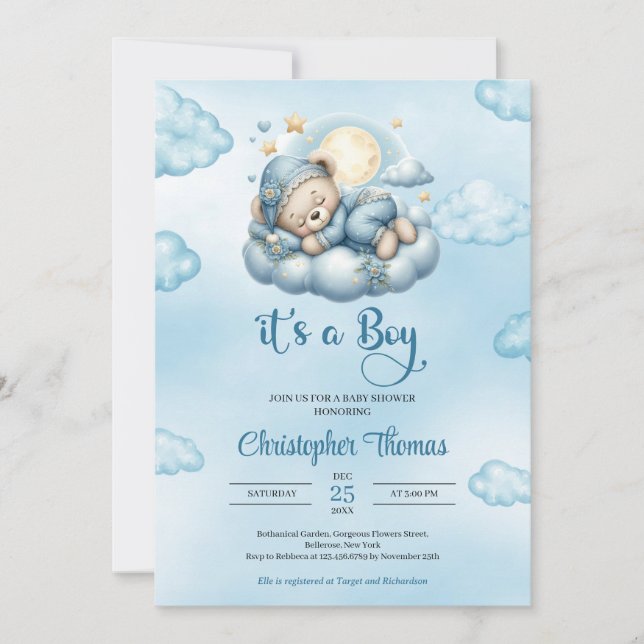 Whimsical cute sleeping teddy bear on cloud gold  invitation (Front)