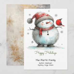 Whimsical Cute Snowman and Red Bird Green Happy Holiday Card