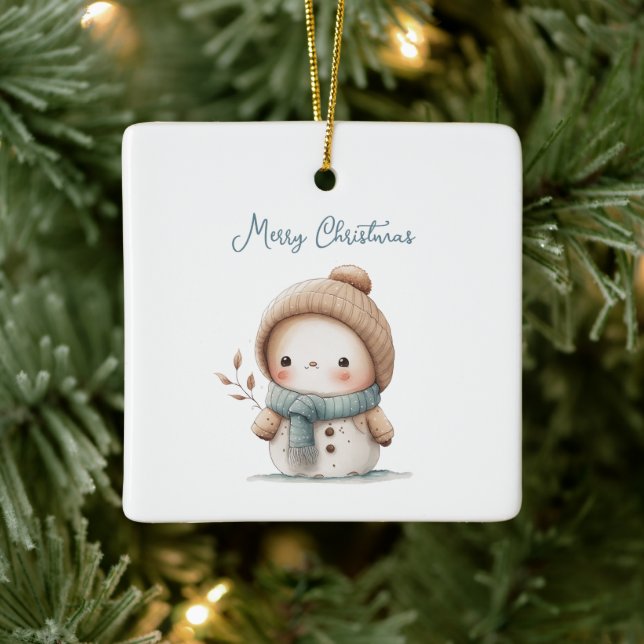 Whimsical Cute Snowman Quote Merry Christmas Ceramic Ornament (Tree)