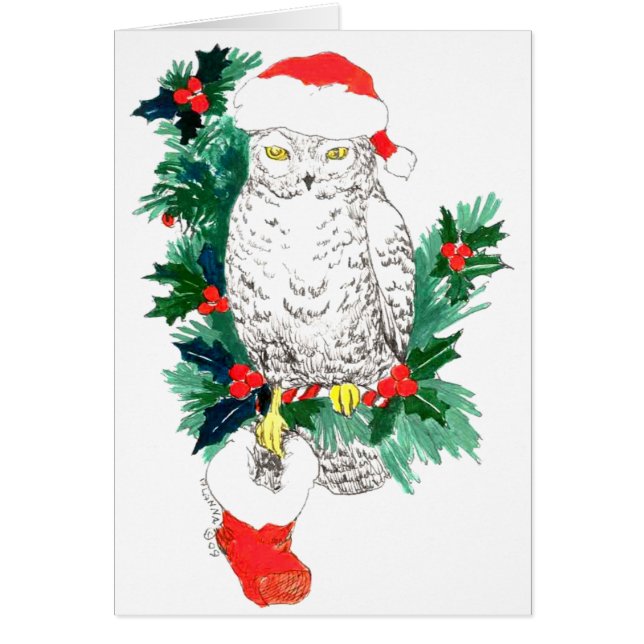 Whimsical Cute Snowy Owl Stocking Christmas Card (Front)