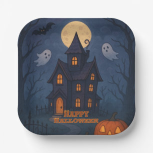 Whimsical Cute Spooky Haunted House Halloween - Paper Plate