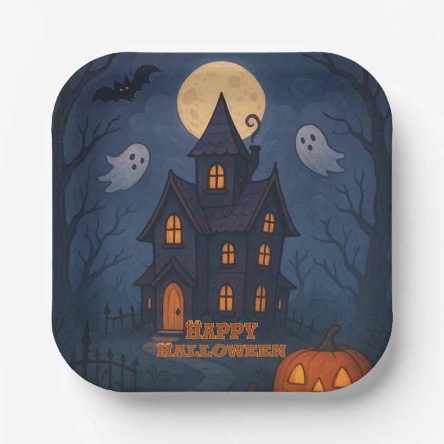 Whimsical Cute Spooky Haunted House | Halloween -  Paper Plate (Front)