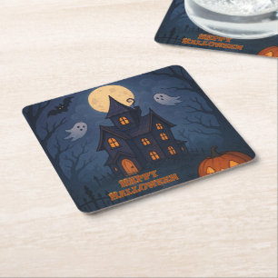 Whimsical Cute Spooky Haunted House   Halloween -  Square Paper Coaster