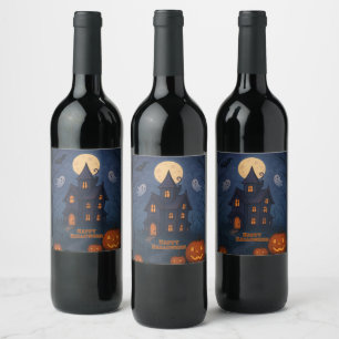 Whimsical Cute Spooky Haunted House Halloween - Wine Label