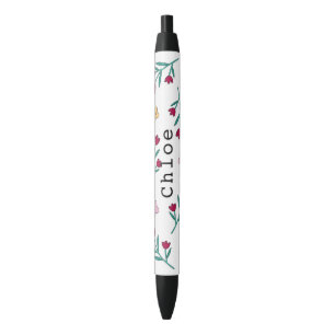 Whimsical Cute Spring Floral Personalised Name Black Ink Pen