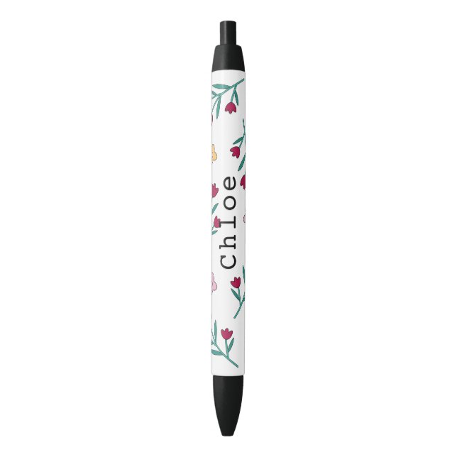 Whimsical Cute Spring Floral Personalised Name Black Ink Pen (Front Vertical)