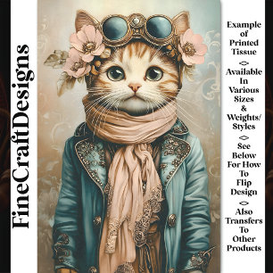 Whimsical Cute Steampunk Cat + Scarf BH2 Decoupage Tissue Paper
