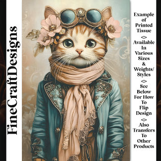 Whimsical Cute Steampunk Cat + Scarf BH2 Decoupage Tissue Paper