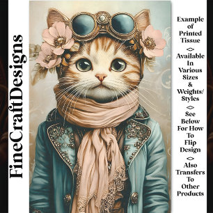 Whimsical Cute Steampunk Cat + Scarf BH3 Decoupage Tissue Paper