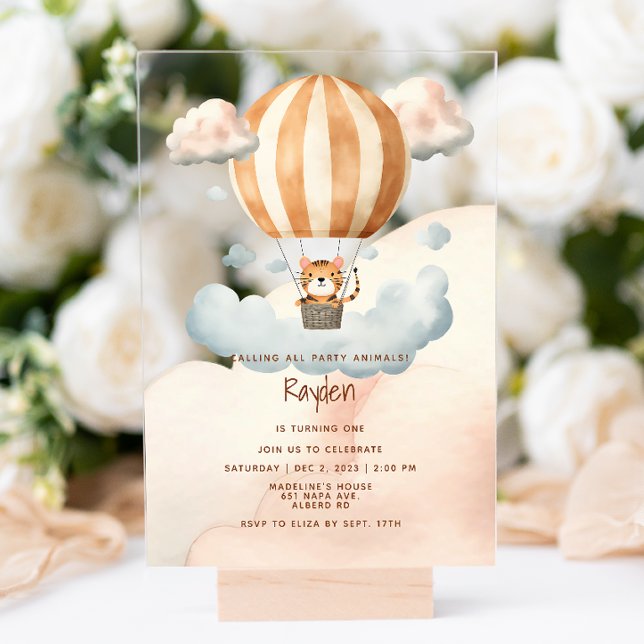 Whimsical Cute Tiger Hot Air balloon 1st Birthday Acrylic Invitations (Creator Uploaded)