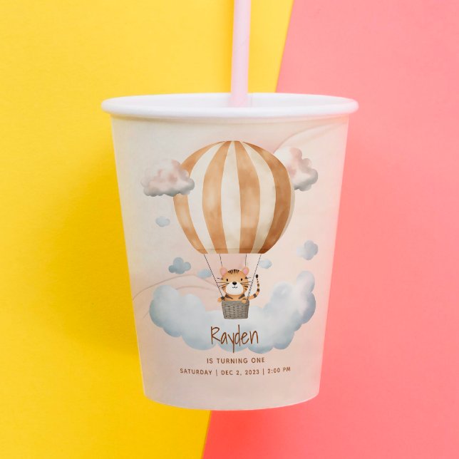 Whimsical Cute Tiger Hot Air balloon 1st Birthday  Paper Cups (Creator Uploaded)