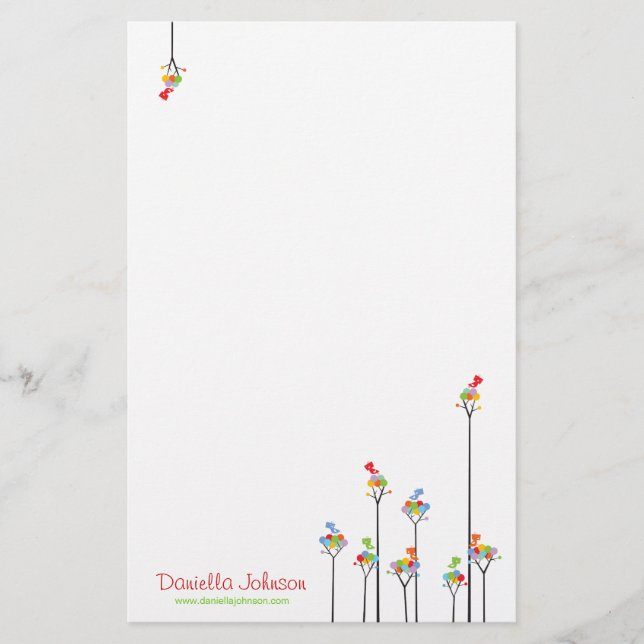 Whimsical Cute Tweet Birds Colourful Fun Tree Dots Stationery (Front)