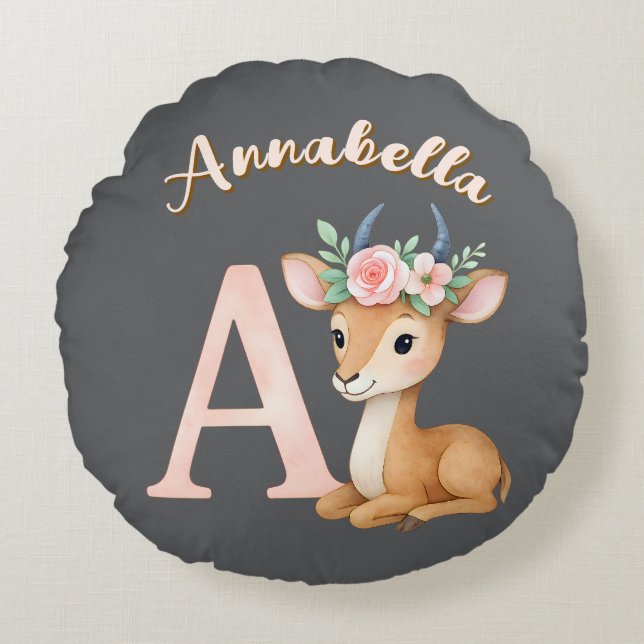 Whimsical Cute Watercolor Letter A Animal Nursery  Round Cushion (Front)