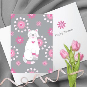 Whimsical Cute White Cat Birthday Card