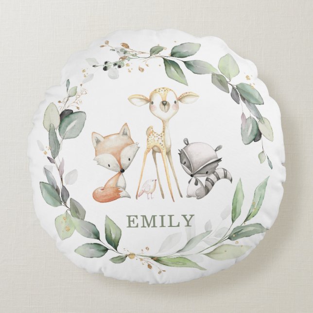 Whimsical Cute Woodland Animals Greenery Wreath Round Cushion (Front)