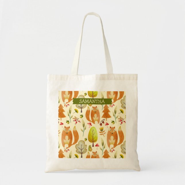 Whimsical Cute Woodland Fall Fox Pattern Trees Tote Bag (Front)