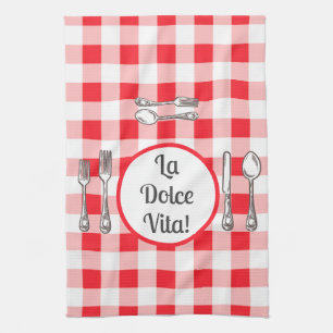 Whimsical Cutlery Dolce Vita Red Check Tea Towel