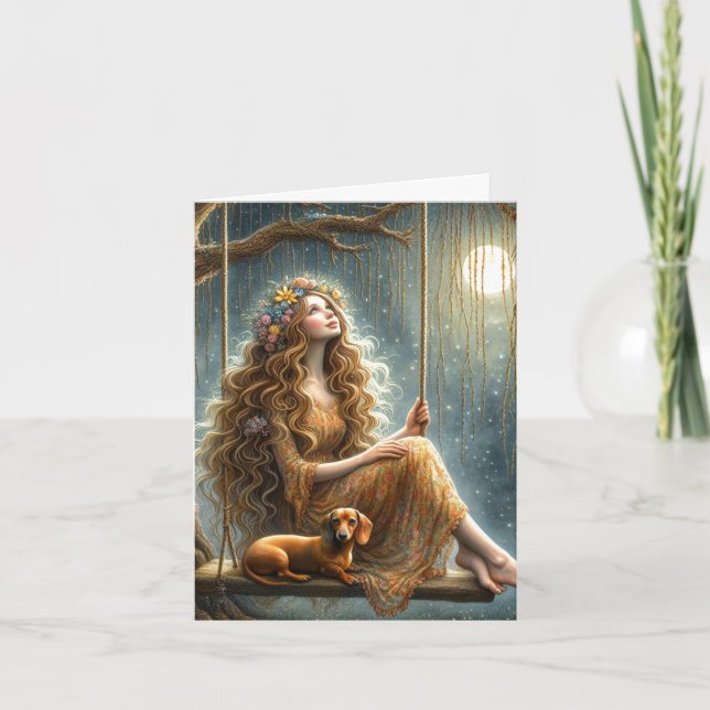 Whimsical Dachshund and Girl Downloadable Card (Front)