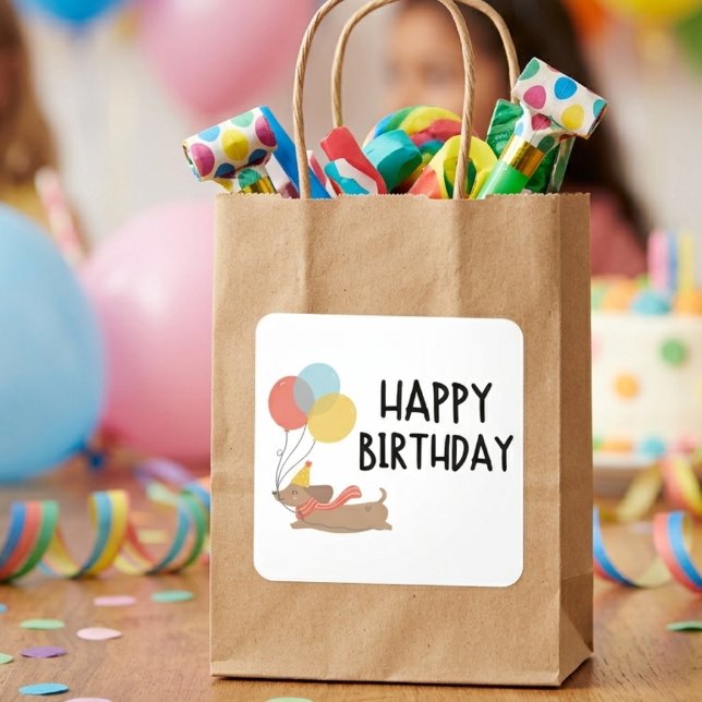 Whimsical Dachshund Happy Birthday Festive Square Sticker (Creator Uploaded)