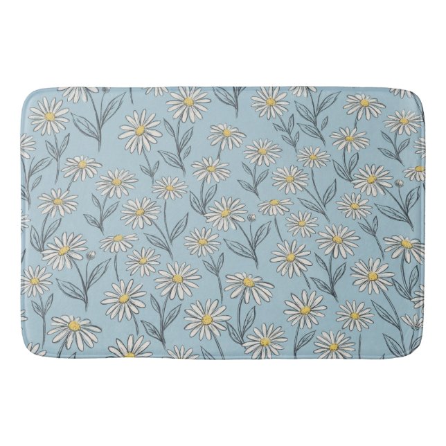 whimsical daisies on blue background bath mat (Front)