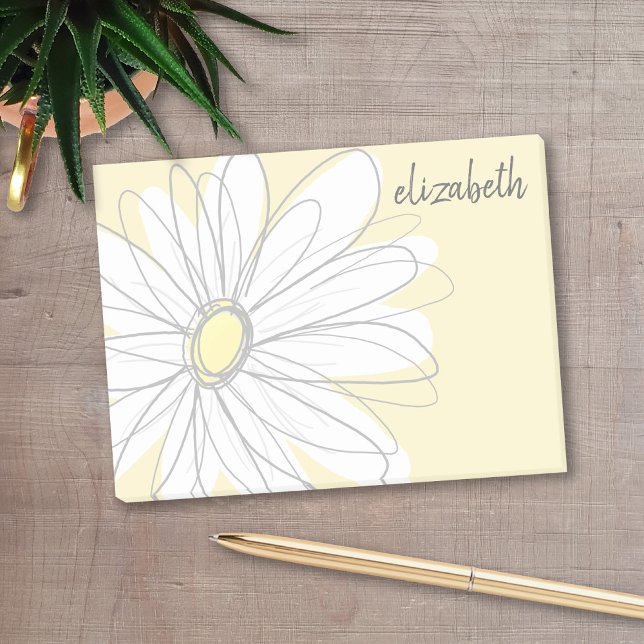 Whimsical Daisy - add your name yellow grey Post-it Notes (Personalized post-it notes with a monogram and whimsical daisy drawing - low quantity available)