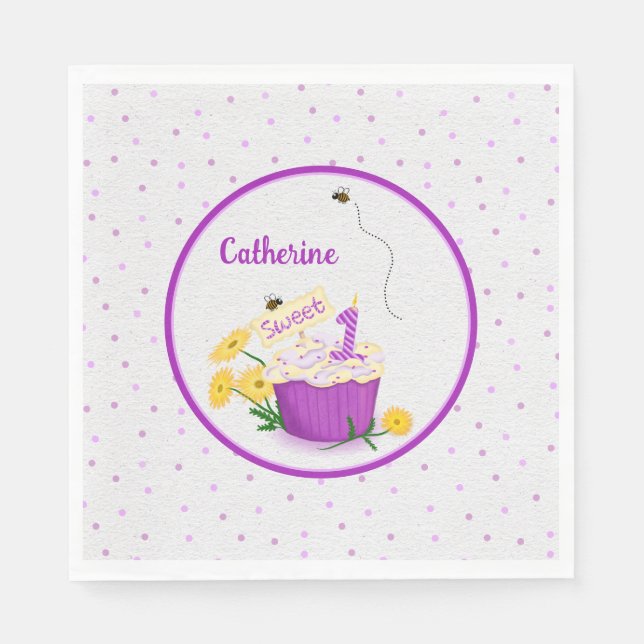 Whimsical Daisy Cupcake 1st Birthday Napkin (Front)