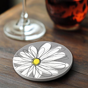 Whimsical Daisy Drawing - Grey and Yellow Coaster