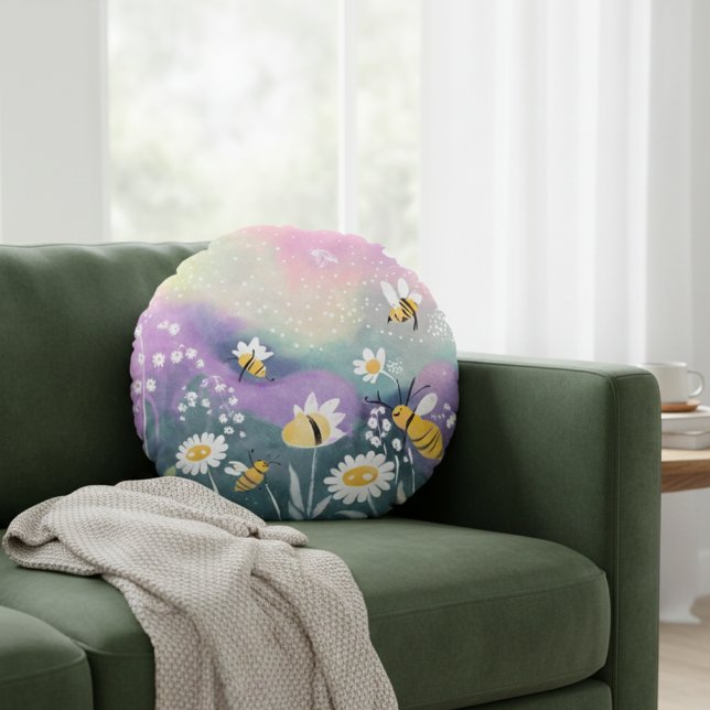 Whimsical Daisy Flowers Bumble Bees Rainbow Meadow Round Cushion (Creator Uploaded)