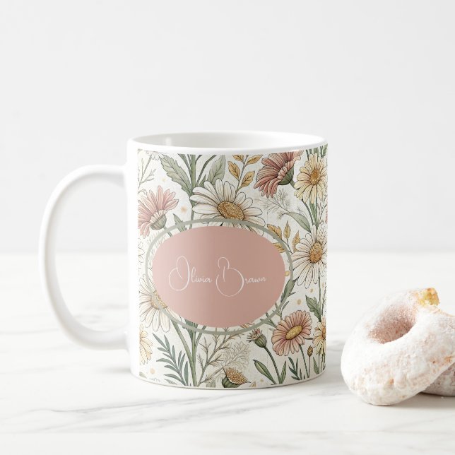 Whimsical Daisy Garden Aesthetic Custom Coffee Mug (With Donut)
