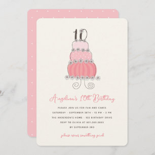 Whimsical Daisy Pink Cake Girl 10th Birthday Party Invitation