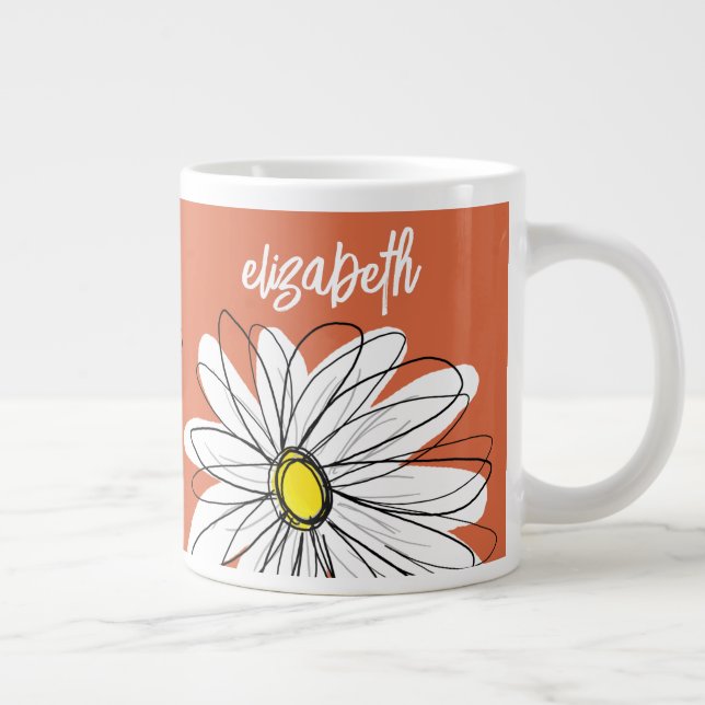 Whimsical Daisy - with trendy script name Large Coffee Mug (Right)