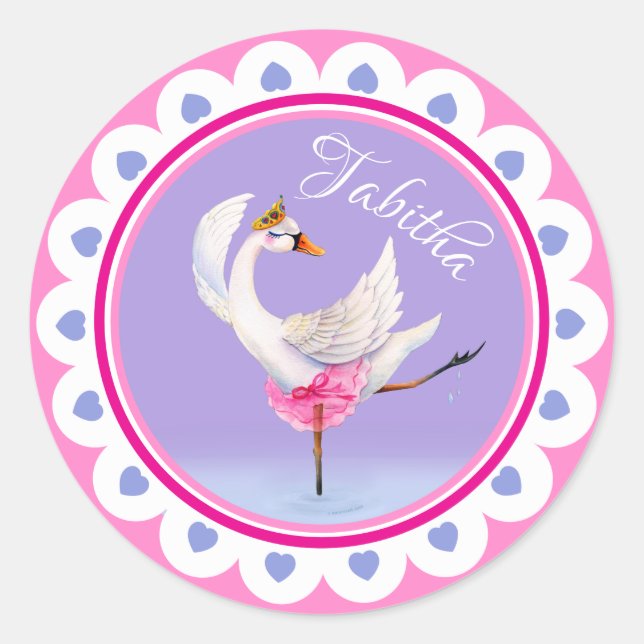 Whimsical dancing ballet swan purple personalised classic round sticker (Front)