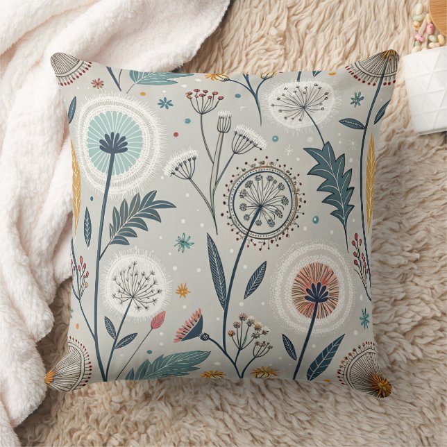 Whimsical Dandelion & Floral Folk Art Seamless Cushion (Blanket)