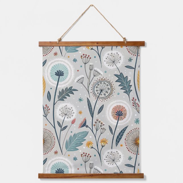Whimsical Dandelion & Floral Folk Art Seamless Hanging Tapestry (Front)