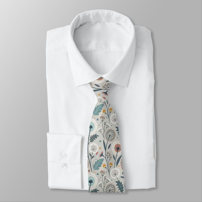 Whimsical Dandelion & Floral Folk Art Seamless Tie (Tied)
