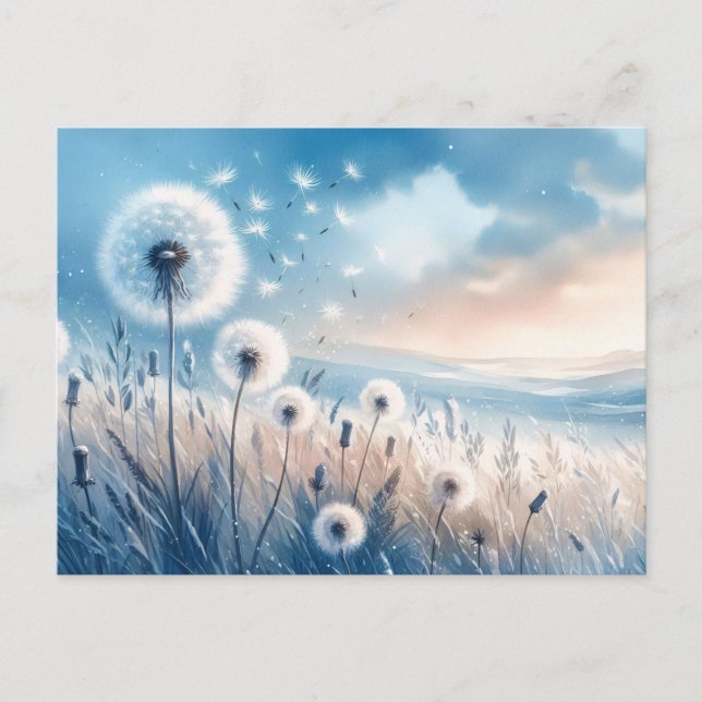 Whimsical Dandelion Fluff in the Wind Postcard (Front)